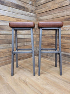 Pair Industrial Bar Stools Faux Leather Metal Frame Seating