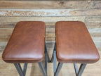Pair Industrial Bar Stools Faux Leather Metal Frame Seating