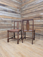 Pair Art Deco Style Vintage Oak Dining Chairs Brown Leatherette Seats