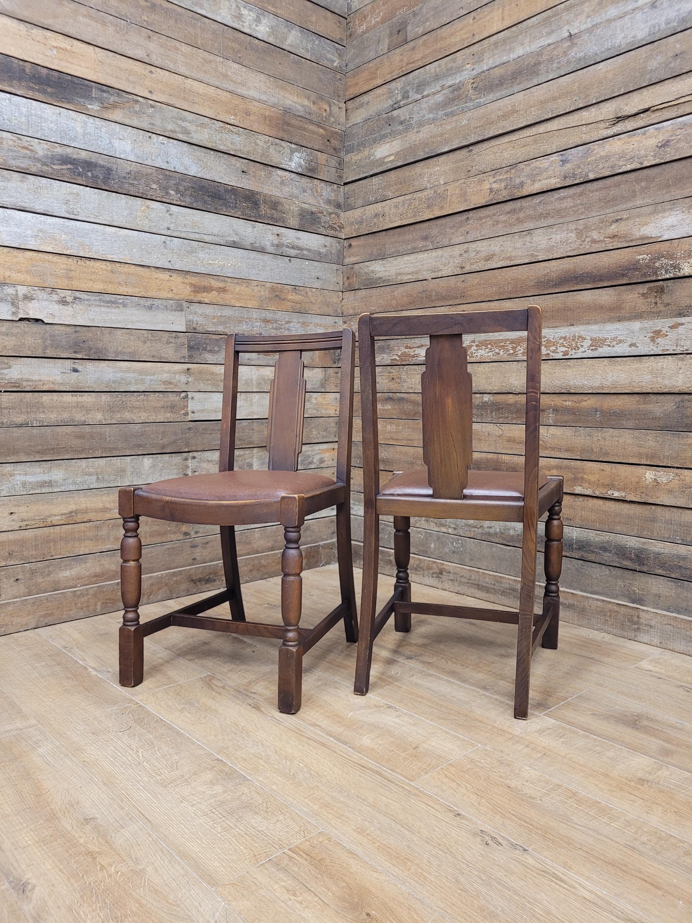 Pair Art Deco Style Vintage Oak Dining Chairs Brown Leatherette Seats