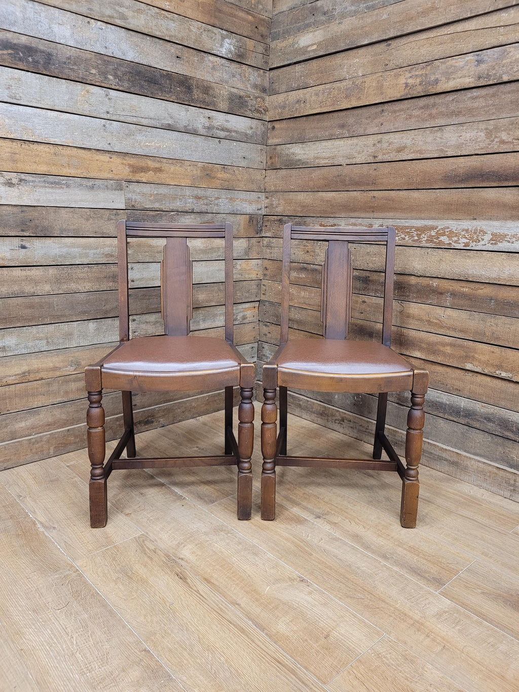 Pair Art Deco Style Vintage Oak Dining Chairs Brown Leatherette Seats