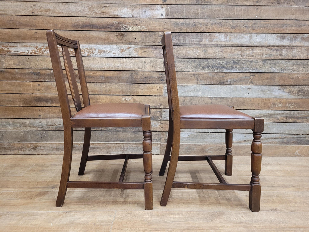 Pair Art Deco Style Vintage Oak Dining Chairs Brown Leatherette Seats