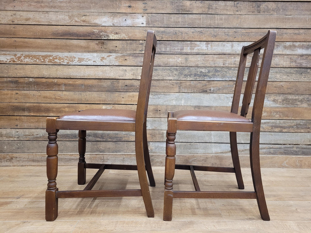 Pair Art Deco Style Vintage Oak Dining Chairs Brown Leatherette Seats