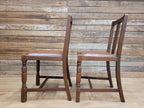 Pair Art Deco Style Vintage Oak Dining Chairs Brown Leatherette Seats