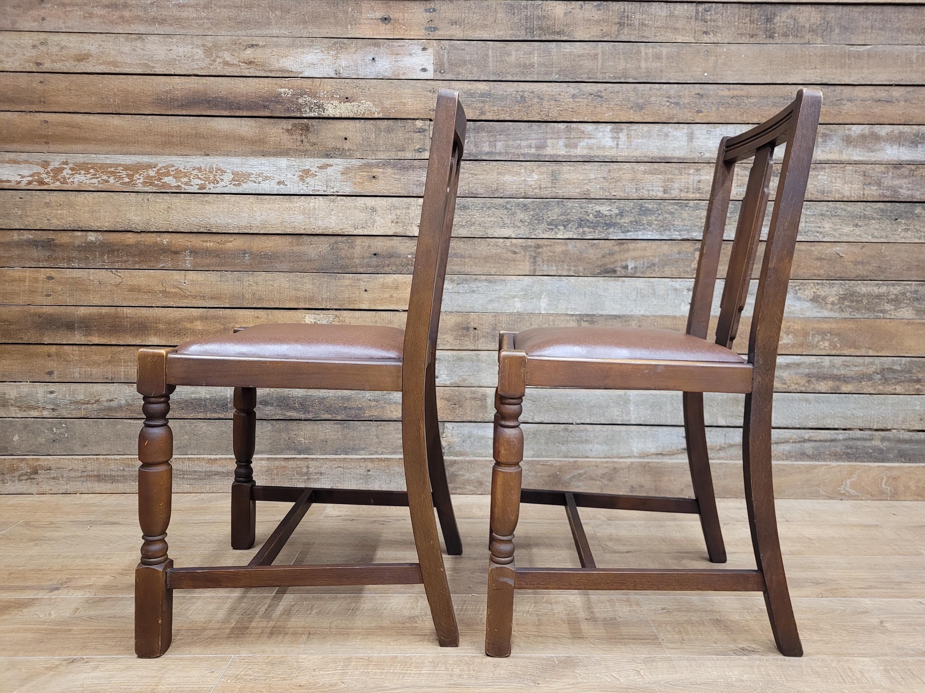 Pair Art Deco Style Vintage Oak Dining Chairs Brown Leatherette Seats