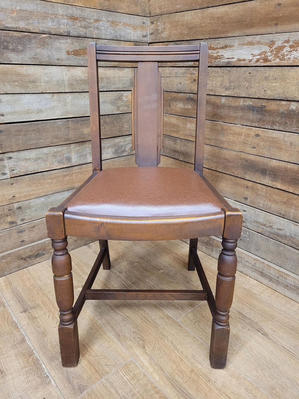 Pair Art Deco Style Vintage Oak Dining Chairs Brown Leatherette Seats