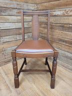 Pair Art Deco Style Vintage Oak Dining Chairs Brown Leatherette Seats
