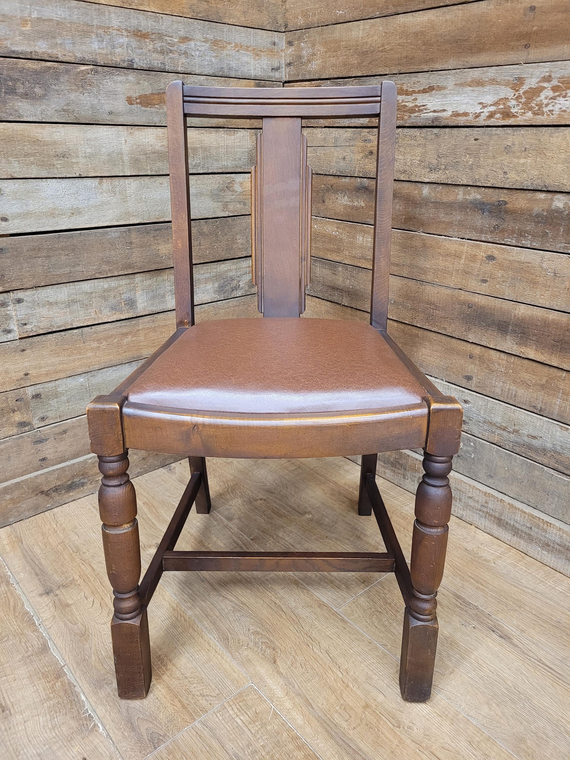 Pair Art Deco Style Vintage Oak Dining Chairs Brown Leatherette Seats