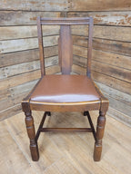 Pair Art Deco Style Vintage Oak Dining Chairs Brown Leatherette Seats