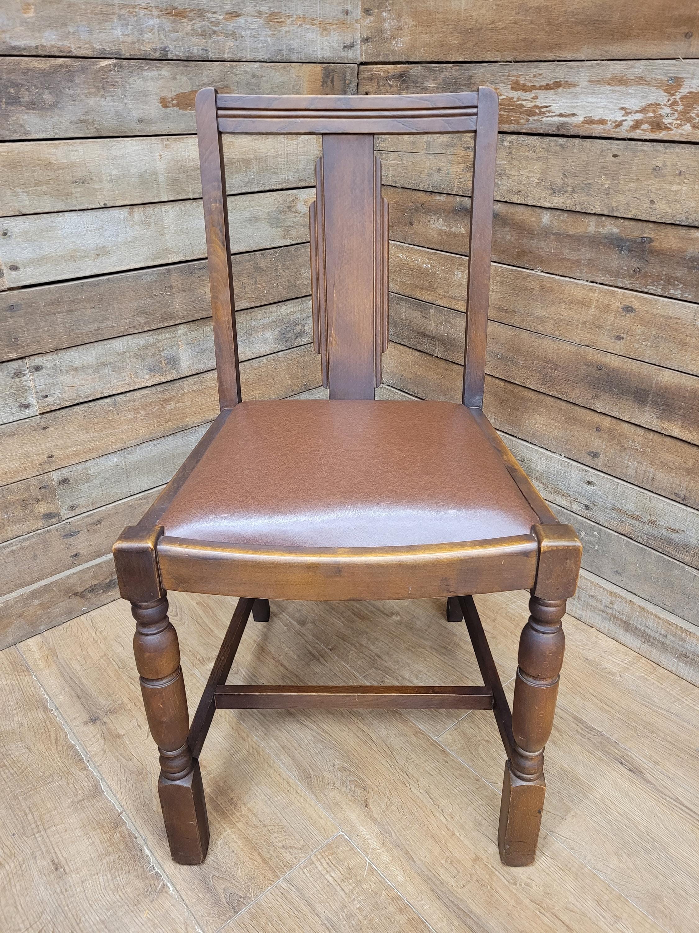 Pair Art Deco Style Vintage Oak Dining Chairs Brown Leatherette Seats