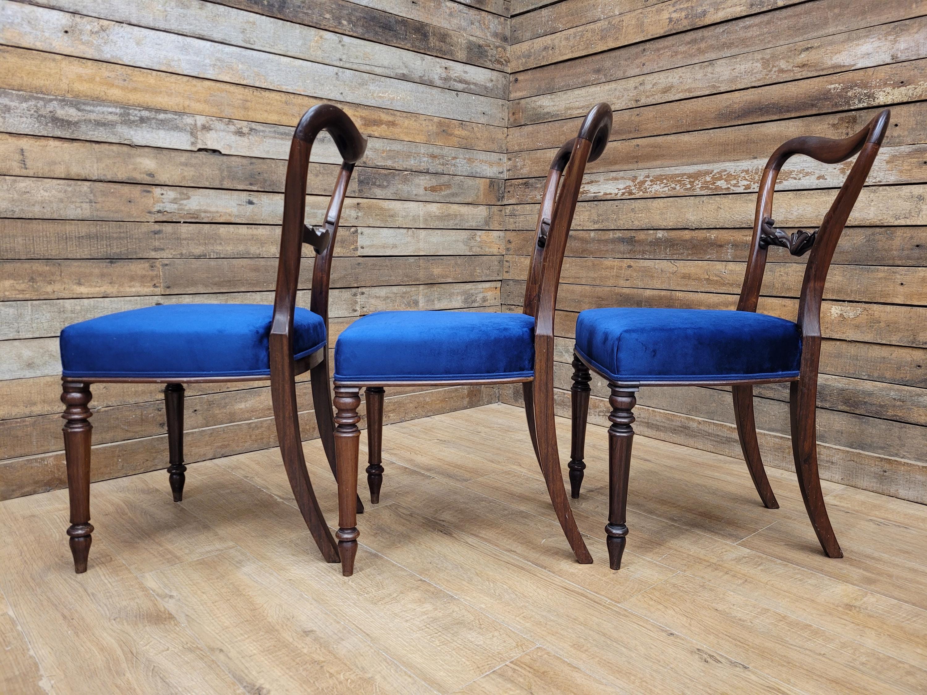Six Mahogany Victorian Dining Chairs Balloon Back Blue Velvet Upholstered