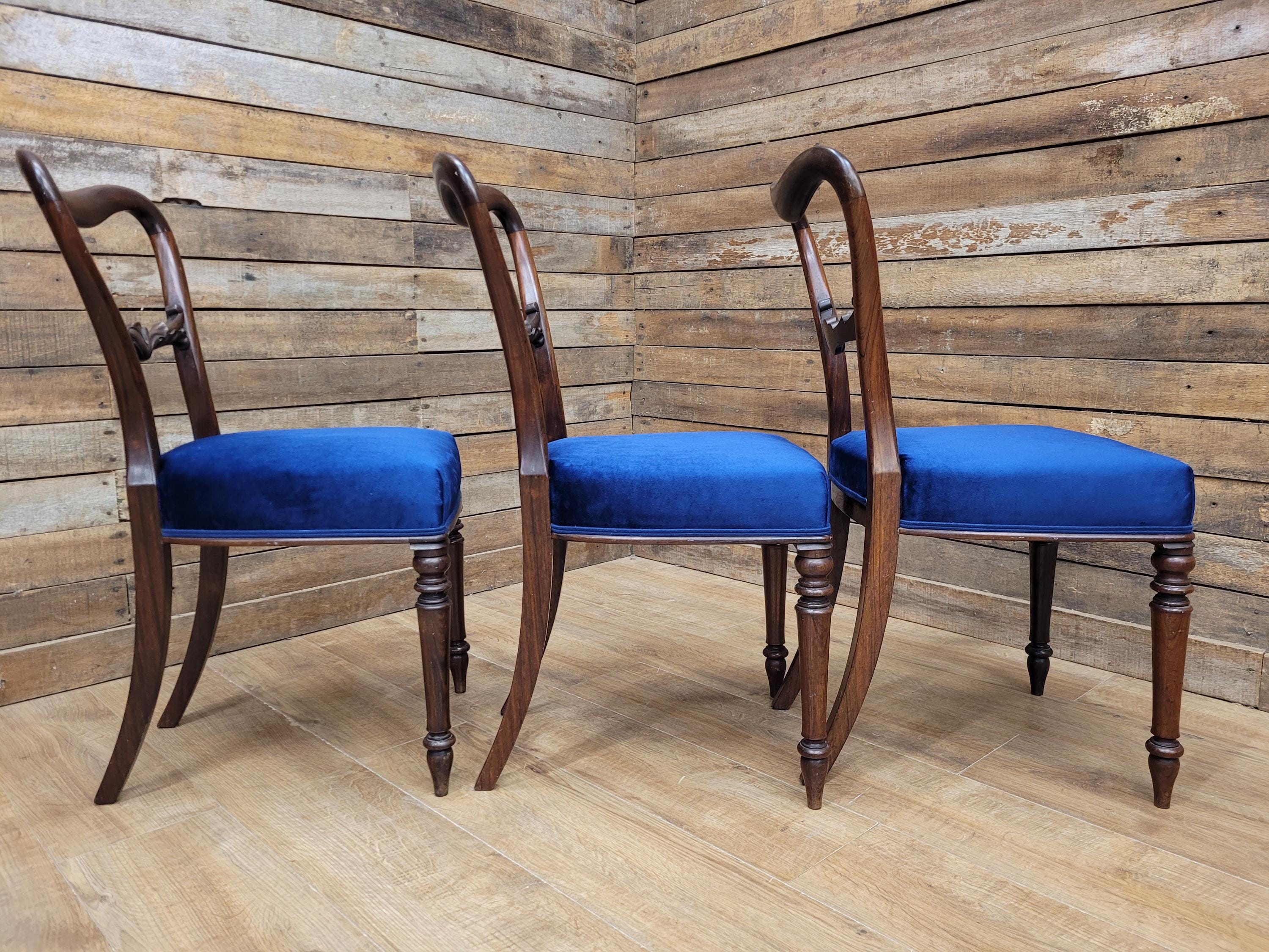 Six Mahogany Victorian Dining Chairs Balloon Back Blue Velvet Upholstered