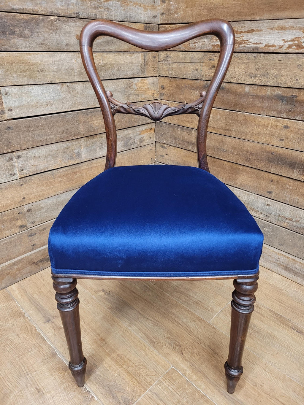 Six Mahogany Victorian Dining Chairs Balloon Back Blue Velvet Upholstered
