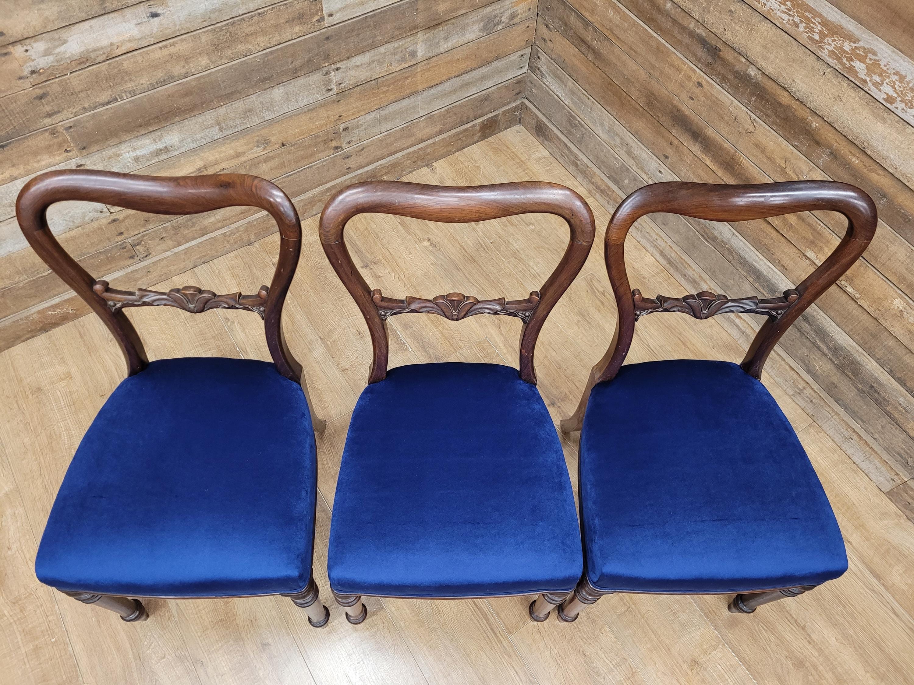 Six Mahogany Victorian Dining Chairs Balloon Back Blue Velvet Upholstered