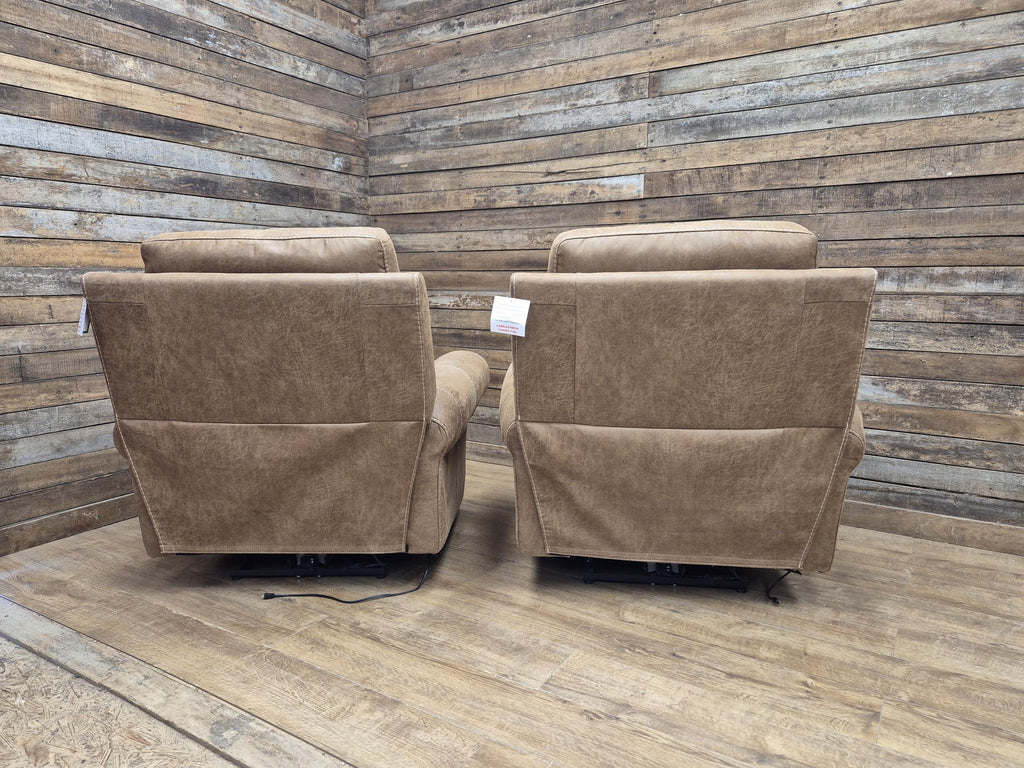 Pair Electric Recliner Faux Leather Armchairs Brown Scroll Arm Lounge