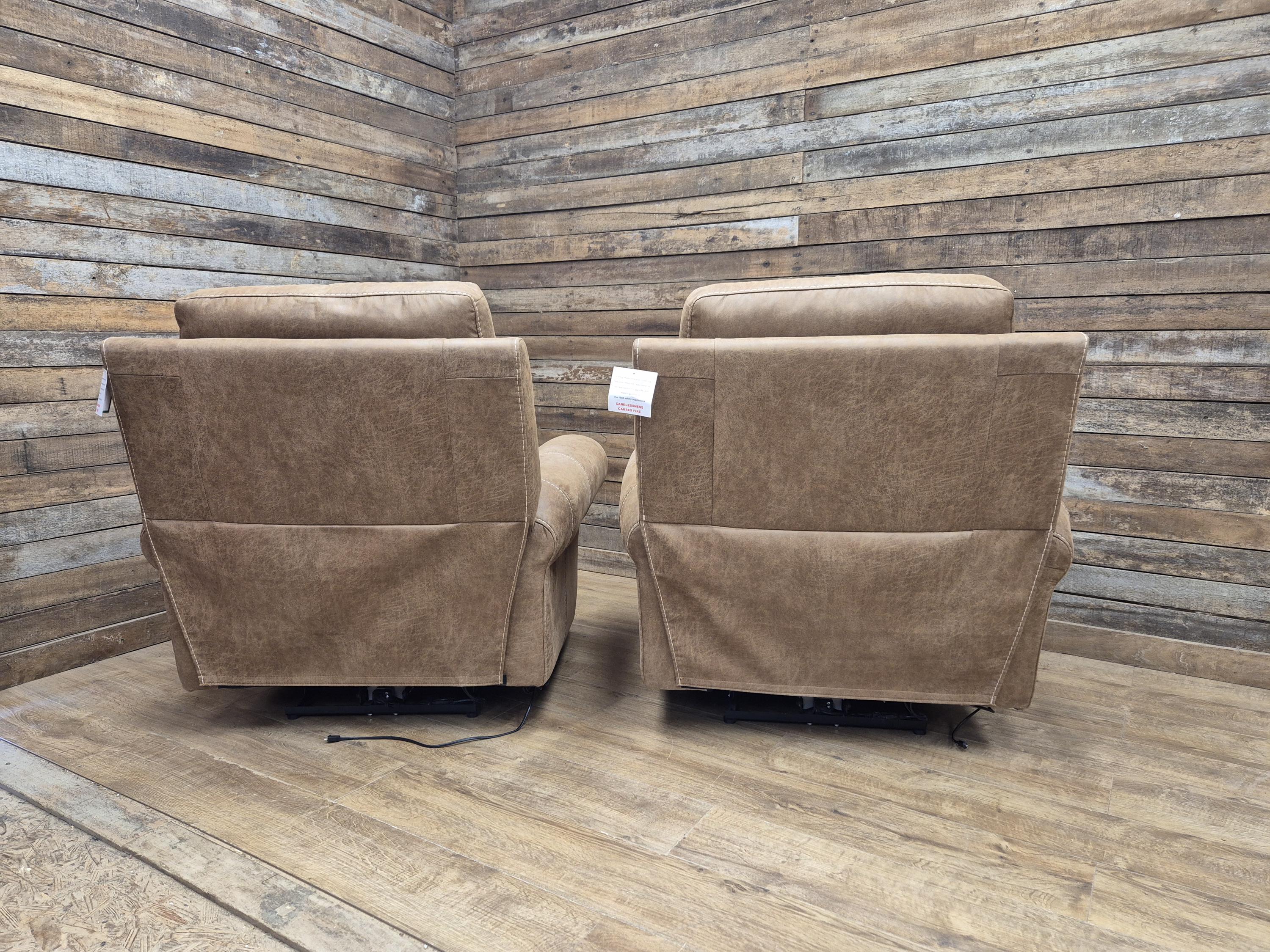 Pair Electric Recliner Faux Leather Armchairs Brown Scroll Arm Lounge