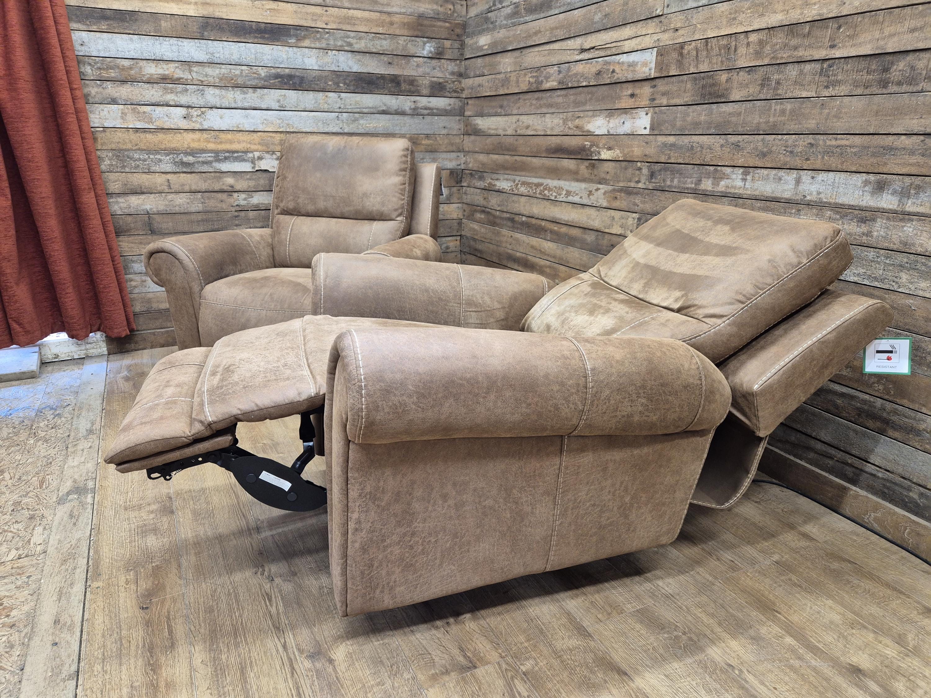 Pair Electric Recliner Faux Leather Armchairs Brown Scroll Arm Lounge