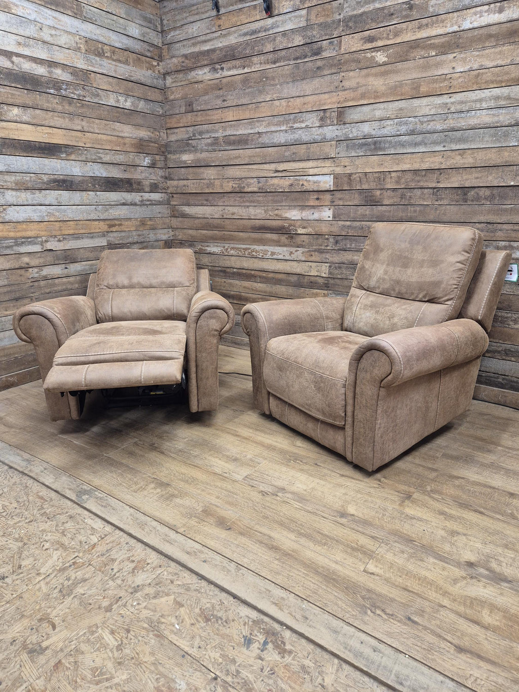 Pair Electric Recliner Faux Leather Armchairs Brown Scroll Arm Lounge