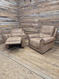 Pair Electric Recliner Faux Leather Armchairs Brown Scroll Arm Lounge