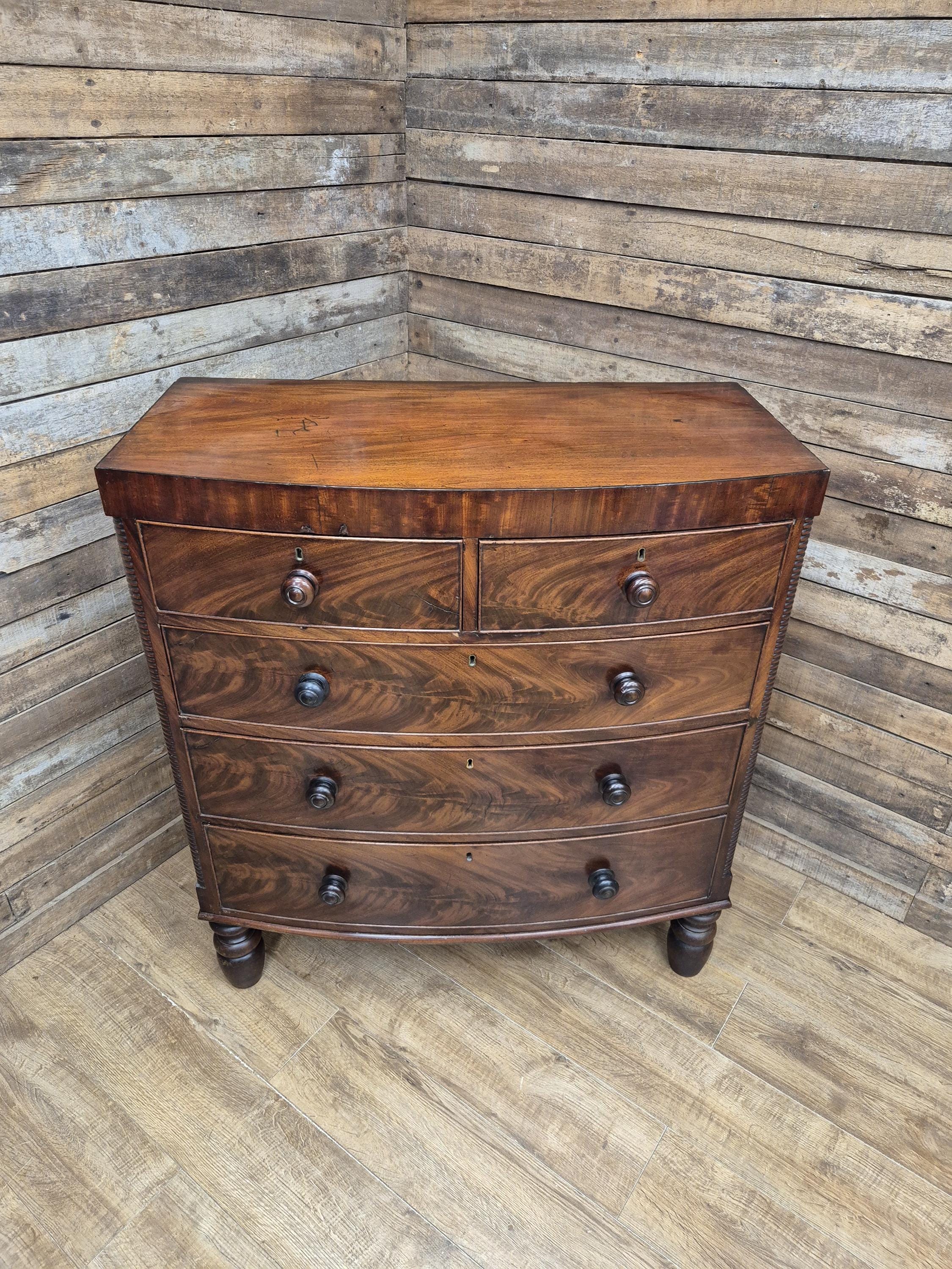 Mahogany Bow Front Chest Of Drawers Regency Style Five Drawer