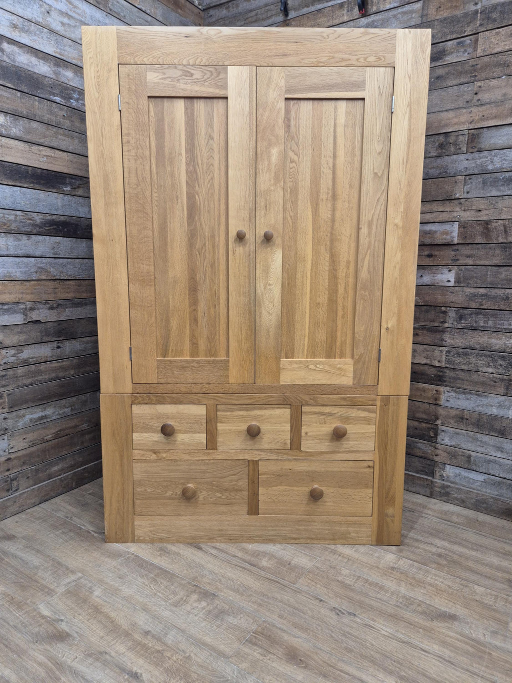 Oak Double Wardrobe Five Drawer Rustic Bedroom Armoire Storage