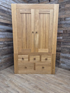 Oak Double Wardrobe Five Drawer Rustic Bedroom Armoire Storage