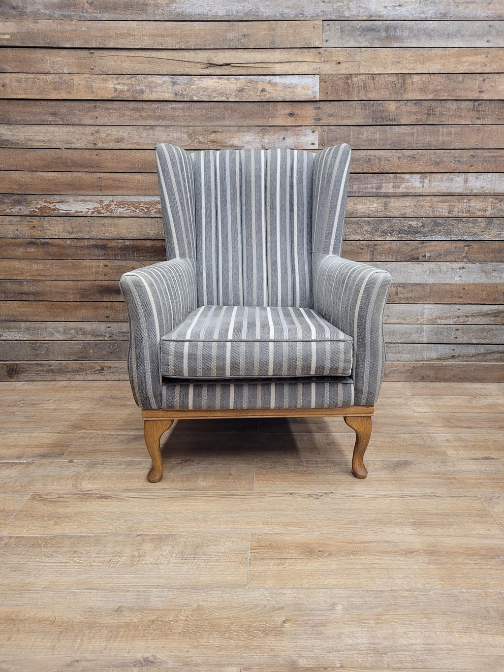 Old Charm Blakeney Wingback Armchair Oak Fireside Chair Striped Upholstery