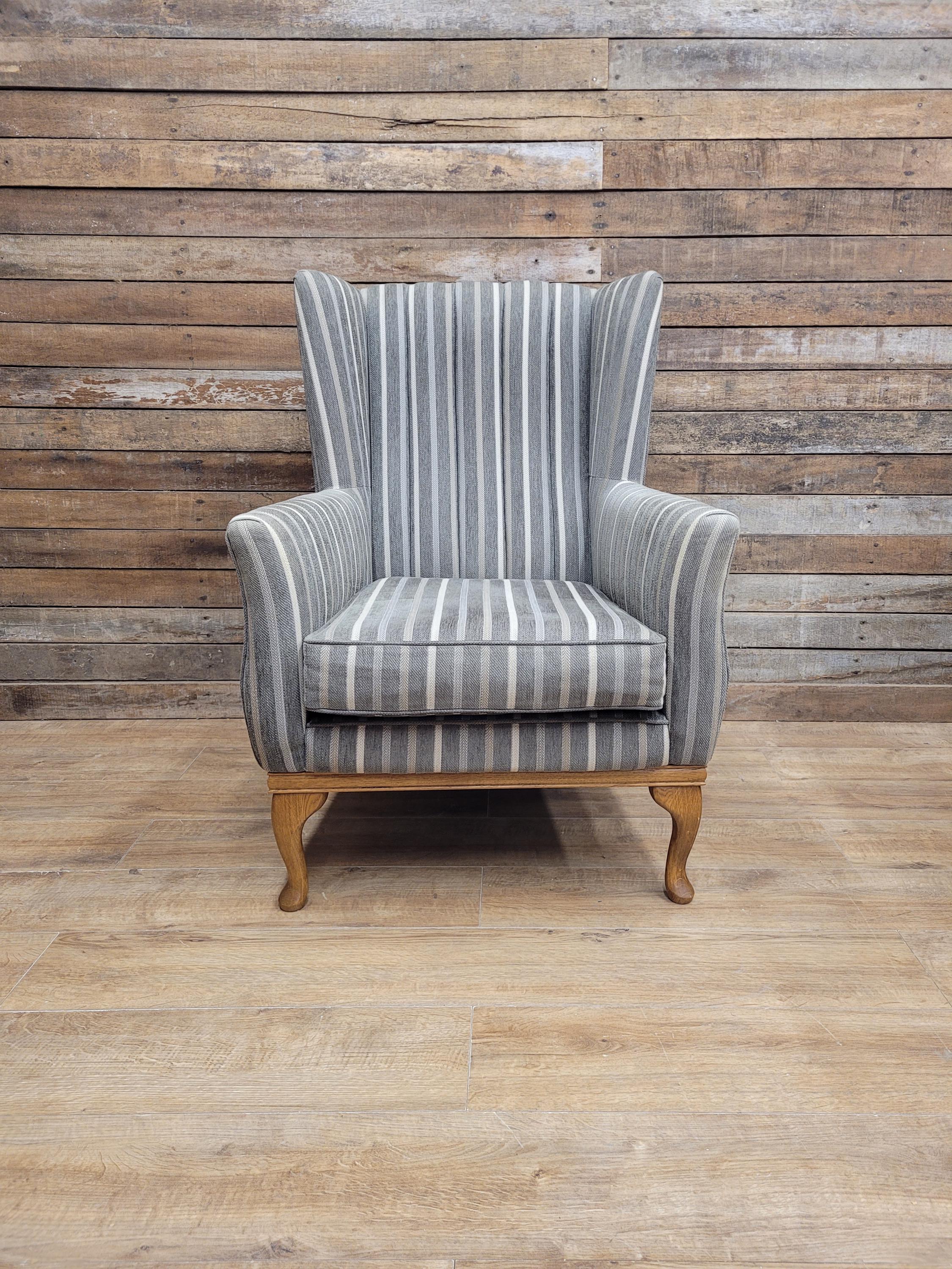 Old Charm Blakeney Wingback Armchair Oak Fireside Chair Striped Upholstery