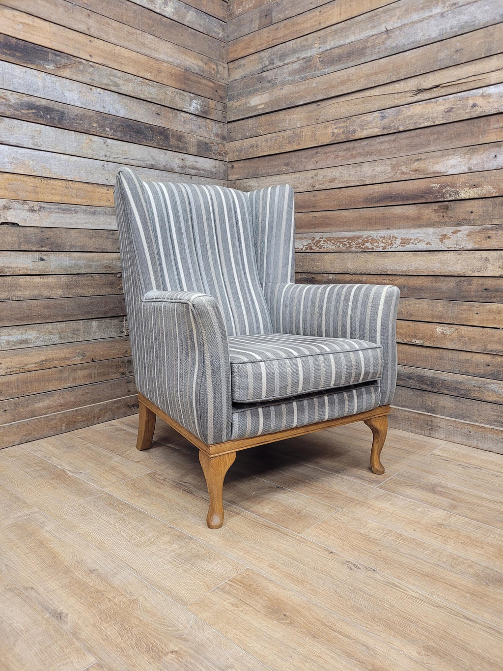 Old Charm Blakeney Wingback Armchair Oak Fireside Chair Striped Upholstery