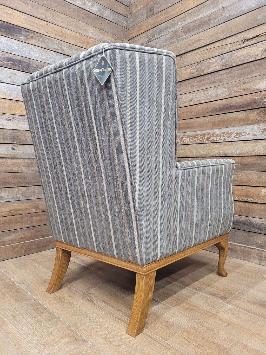 Old Charm Blakeney Wingback Armchair Oak Fireside Chair Striped Upholstery