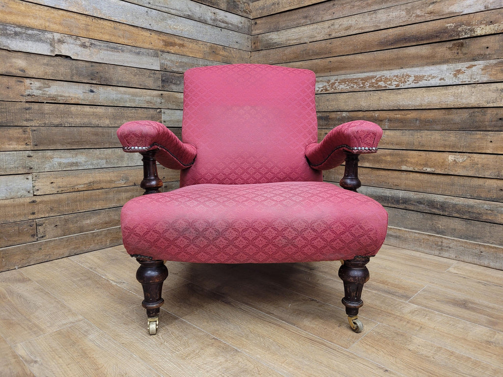 Victorian Armchair Mahogany Upholstered Library Lounge Chair Castors