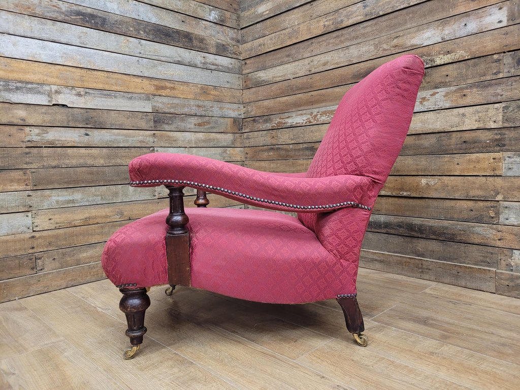 Victorian Armchair Mahogany Upholstered Library Lounge Chair Castors