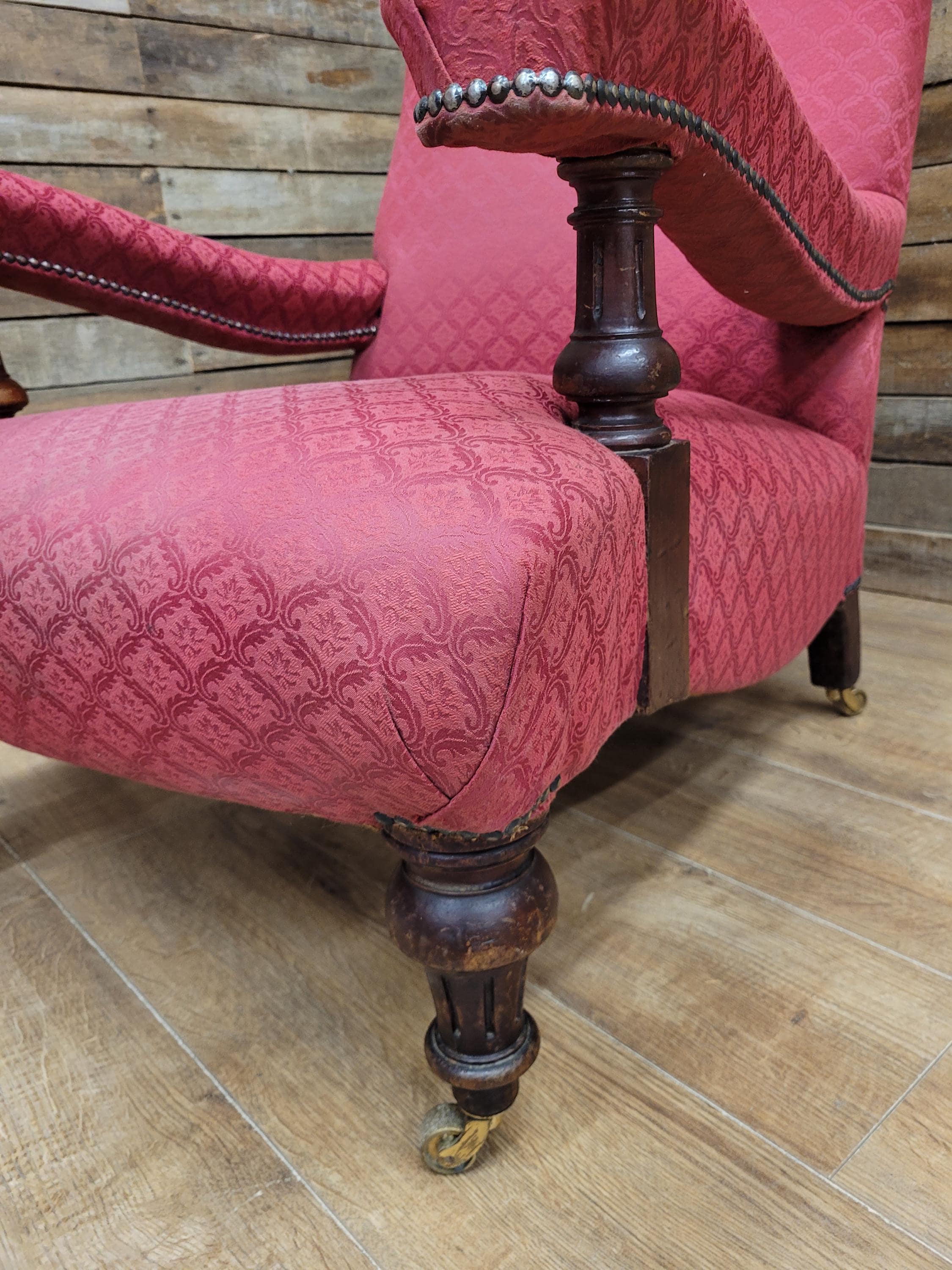 Victorian Armchair Mahogany Upholstered Library Lounge Chair Castors