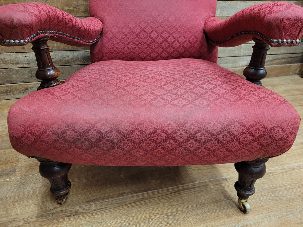 Victorian Armchair Mahogany Upholstered Library Lounge Chair Castors