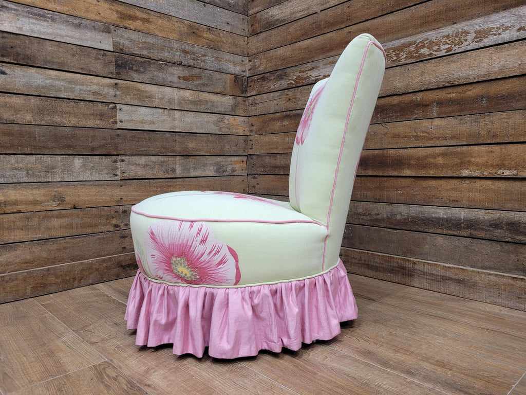Floral Upholstered Slipper Chair Vintage Style Ruffled Accent Seat