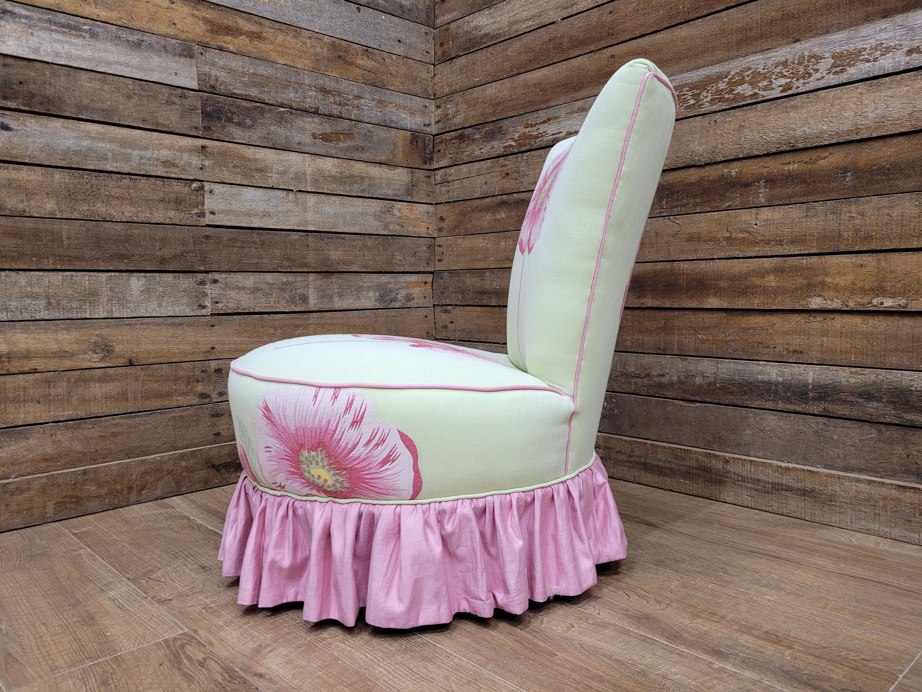 Floral Upholstered Slipper Chair Vintage Style Ruffled Accent Seat