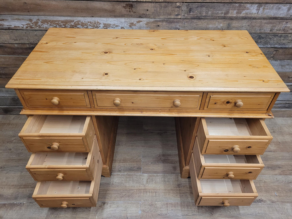 Pine Pedestal Desk Country Style Nine Drawer Home Office Writing Table