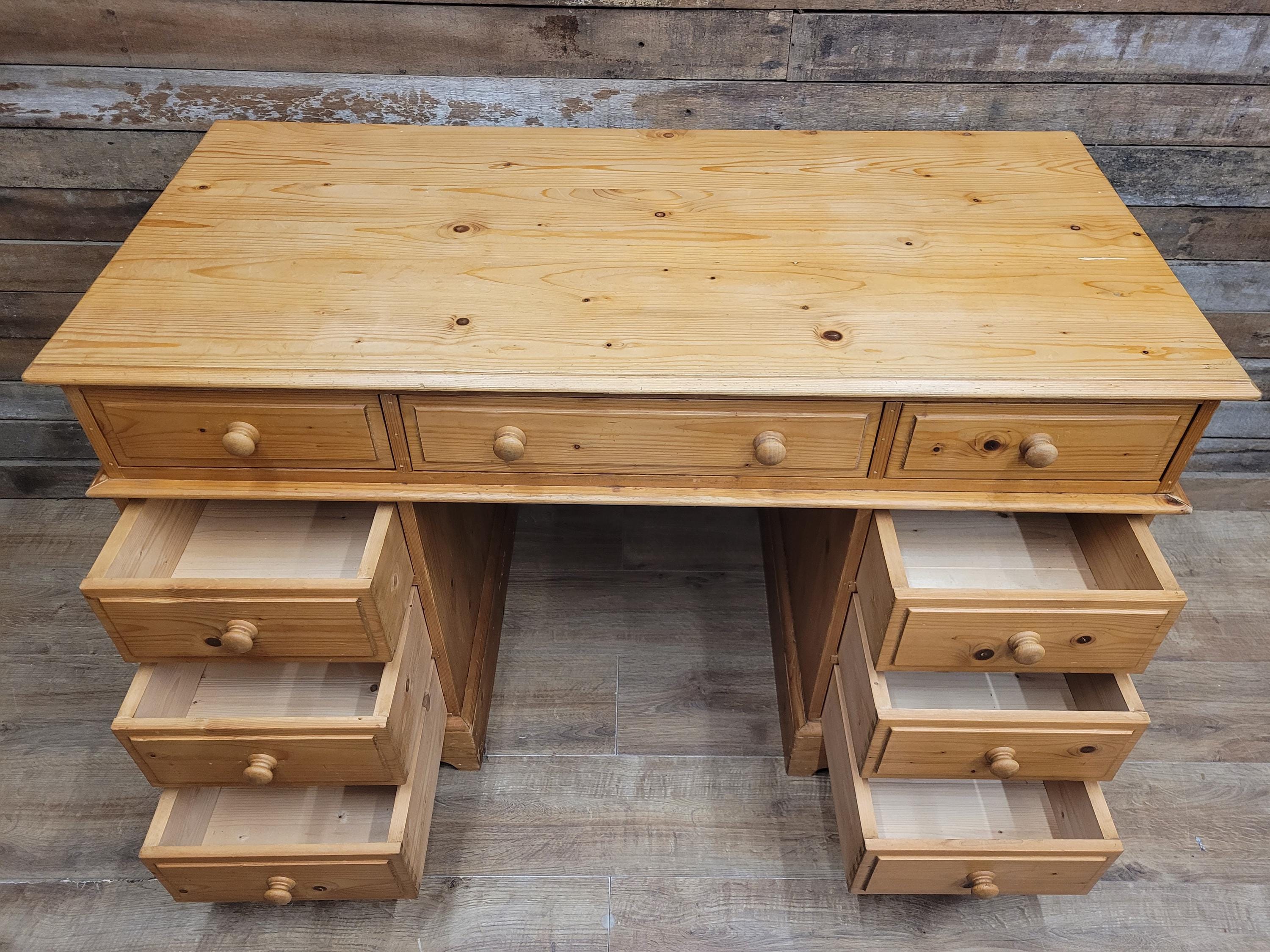 Pine Pedestal Desk Country Style Nine Drawer Home Office Writing Table