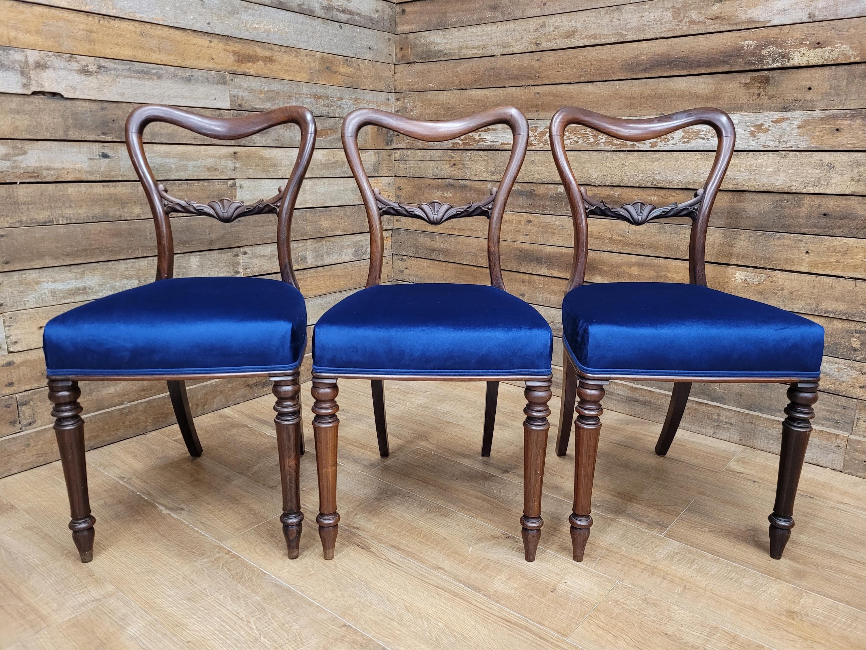 Six Mahogany Victorian Dining Chairs Balloon Back Blue Velvet Upholstered