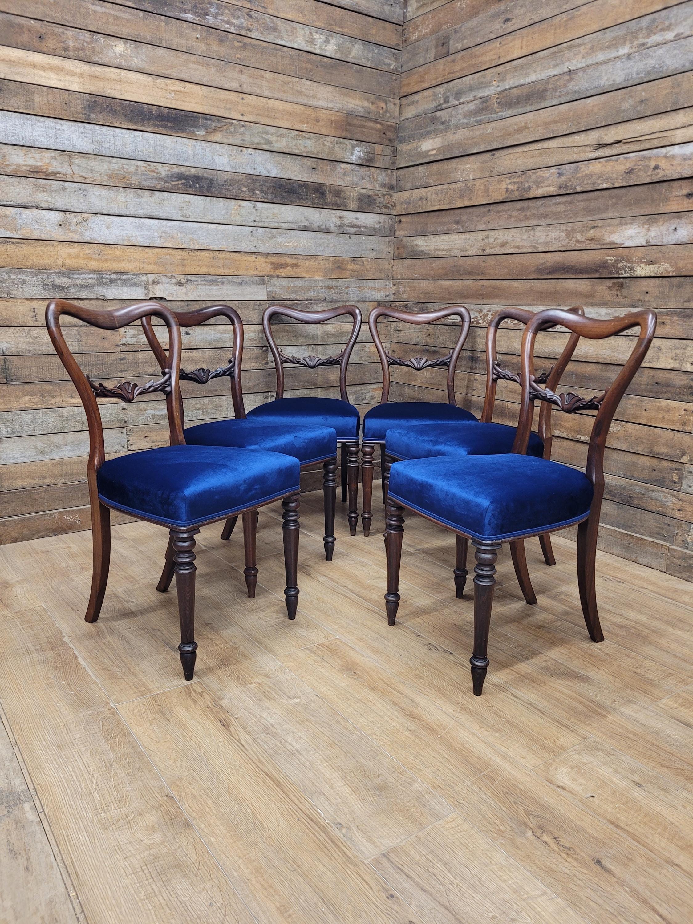 Six Mahogany Victorian Dining Chairs Balloon Back Blue Velvet Upholstered