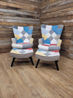 Pair Patchwork Fabric Wingback Armchairs With Matching Footstools Accent Chairs