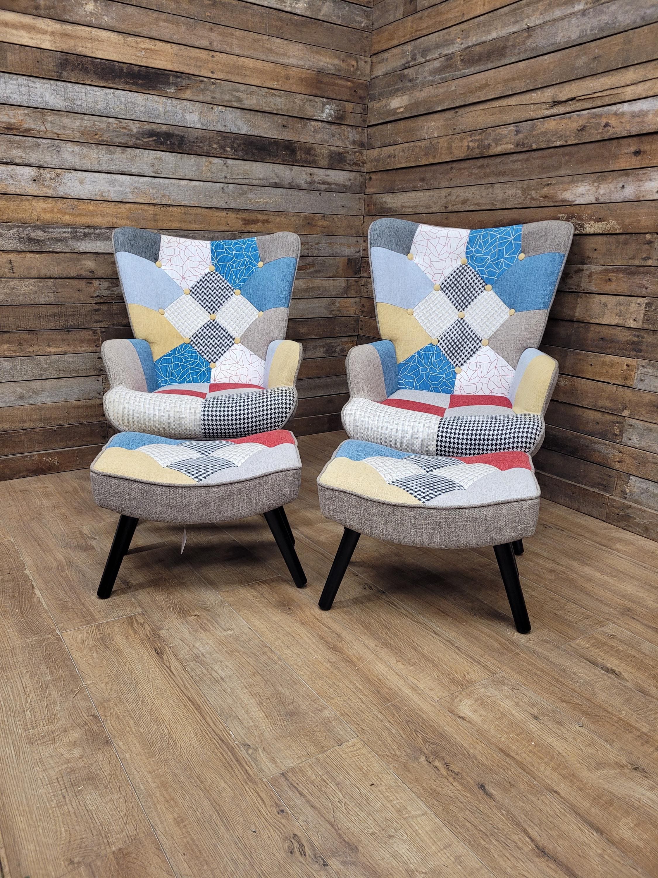 Pair Patchwork Fabric Wingback Armchairs With Matching Footstools Accent Chairs