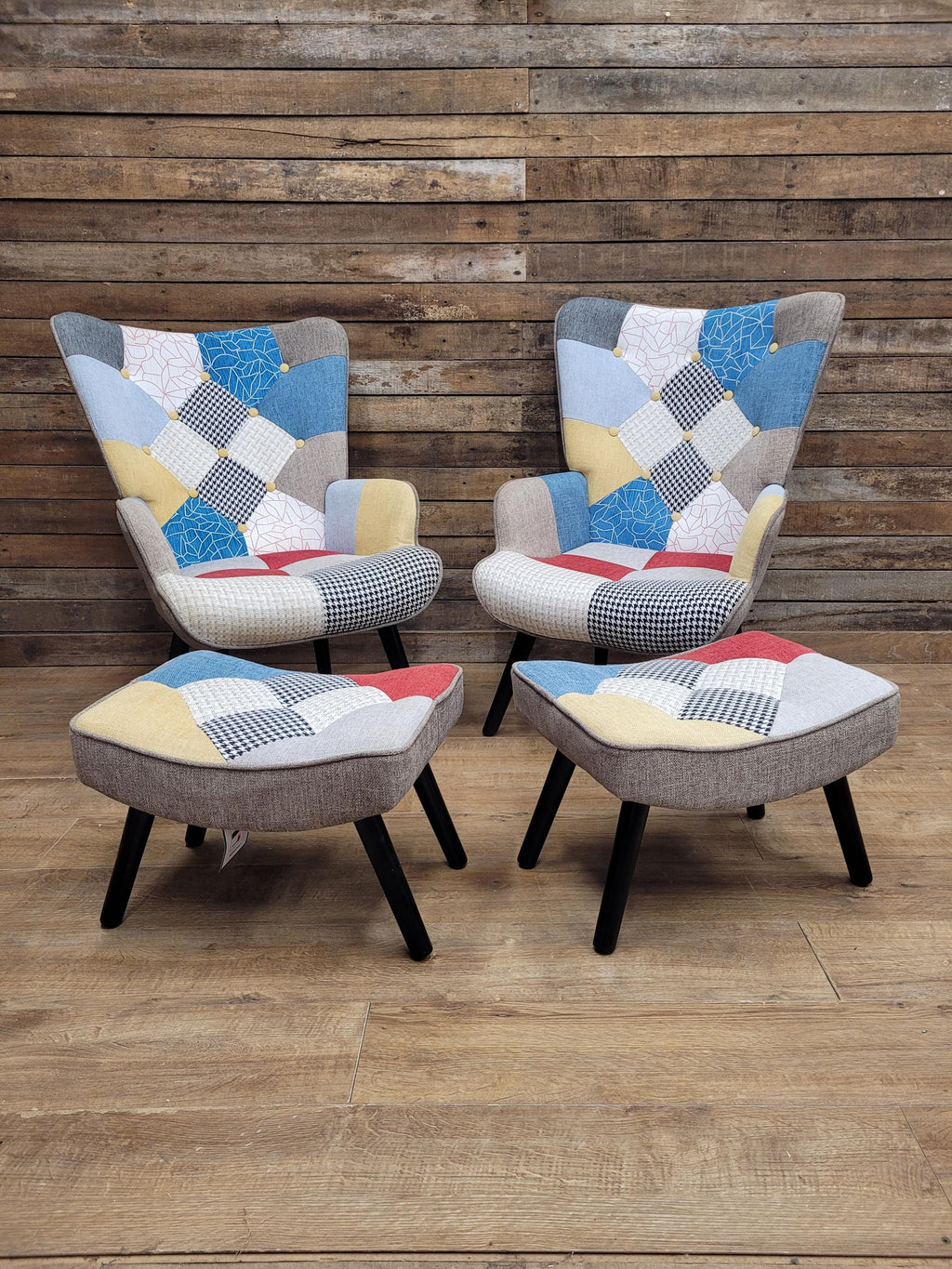 Pair Patchwork Fabric Wingback Armchairs With Matching Footstools Accent Chairs