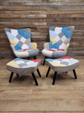 Pair Patchwork Fabric Wingback Armchairs With Matching Footstools Accent Chairs