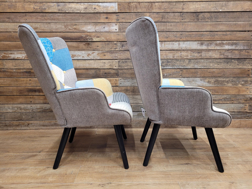 Pair Patchwork Fabric Wingback Armchairs With Matching Footstools Accent Chairs