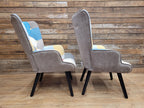 Pair Patchwork Fabric Wingback Armchairs With Matching Footstools Accent Chairs