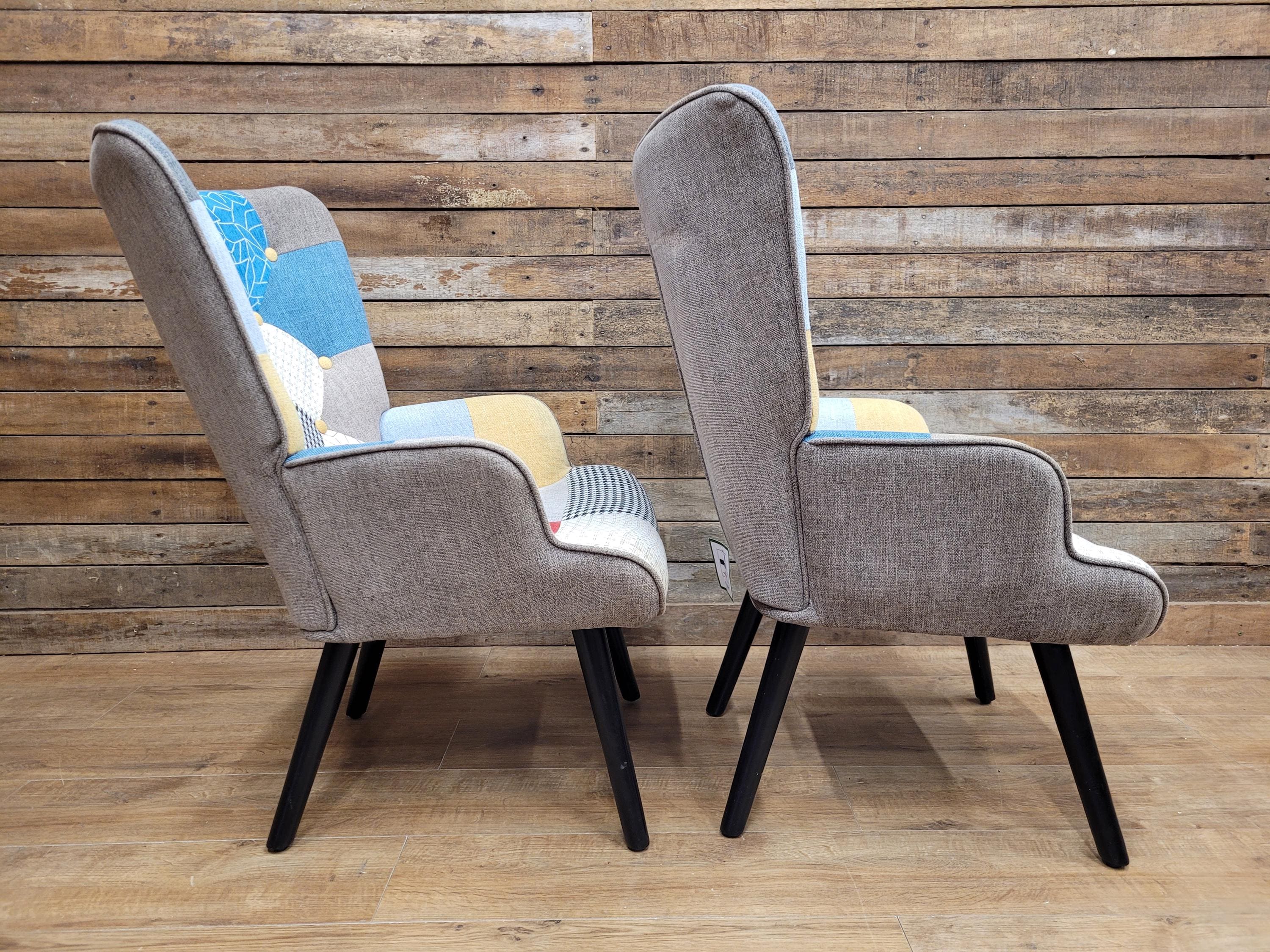 Pair Patchwork Fabric Wingback Armchairs With Matching Footstools Accent Chairs