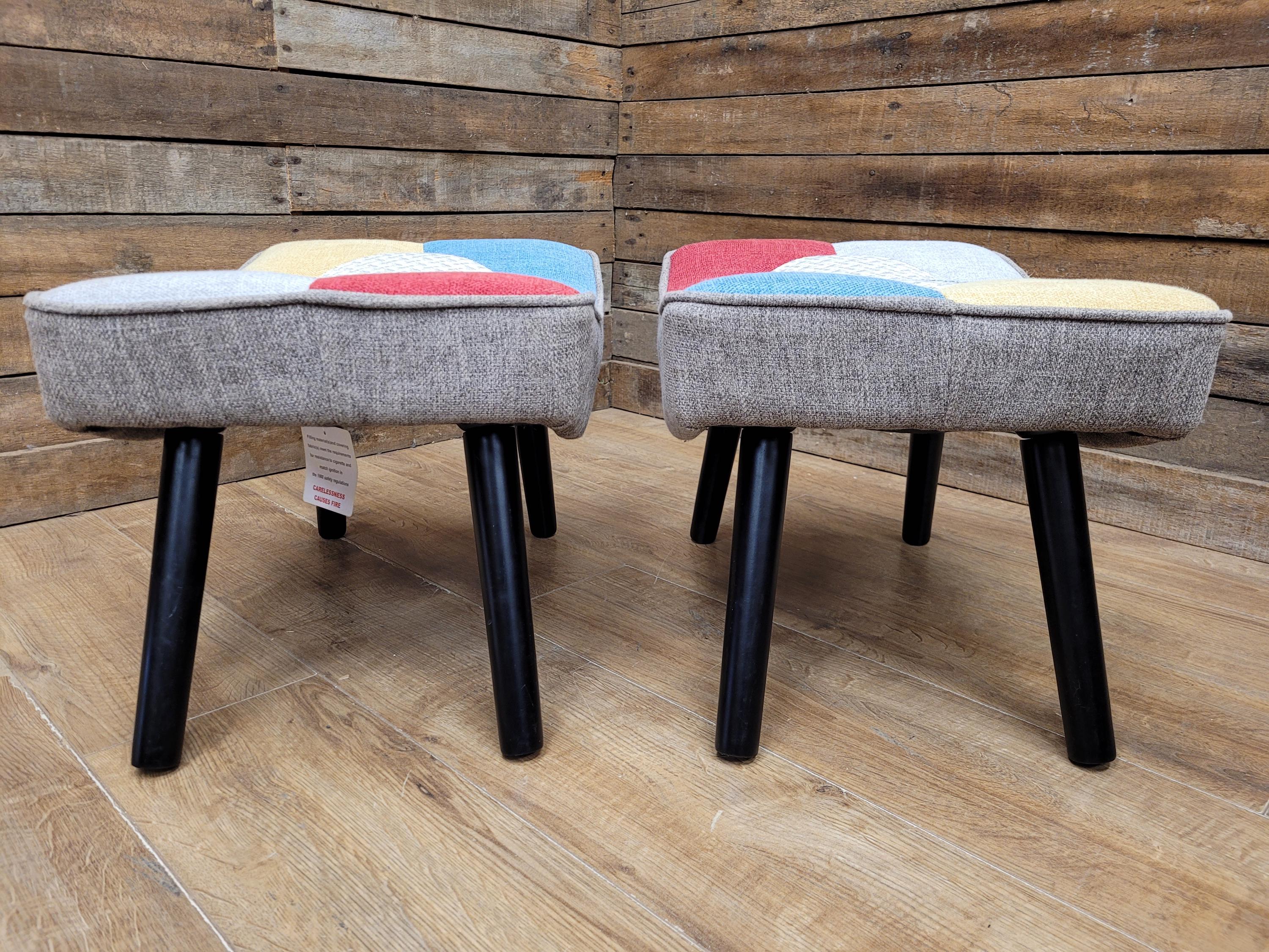 Pair Patchwork Fabric Wingback Armchairs With Matching Footstools Accent Chairs