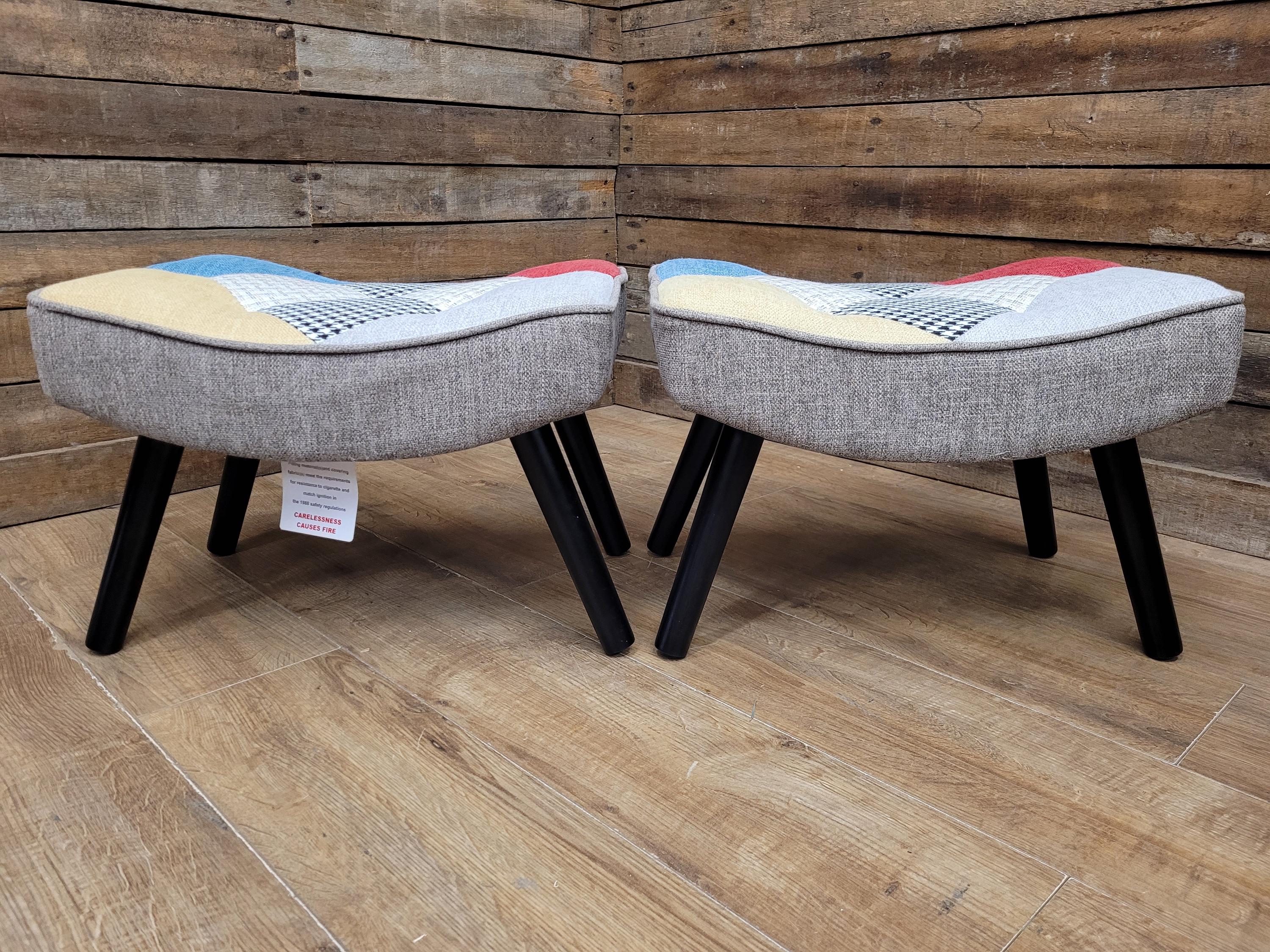 Pair Patchwork Fabric Wingback Armchairs With Matching Footstools Accent Chairs