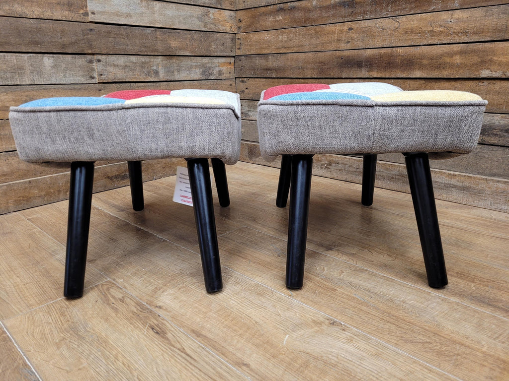 Pair Patchwork Fabric Wingback Armchairs With Matching Footstools Accent Chairs